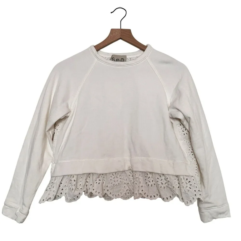Sea New York XS Women's Crew Neck Eyelet Back Sweatshirt White Cotton